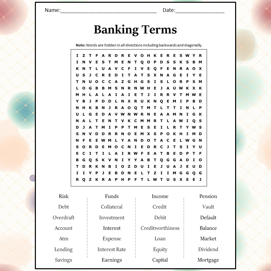 Banking Terms Word Search Puzzle Worksheet Activity PDF