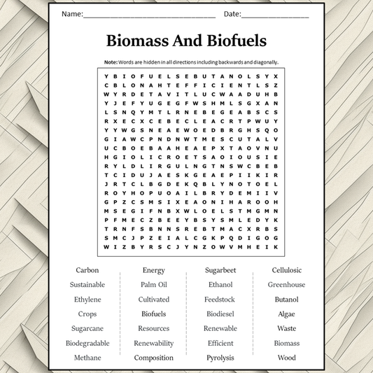 Biomass And Biofuels Word Search Puzzle Worksheet Activity PDF