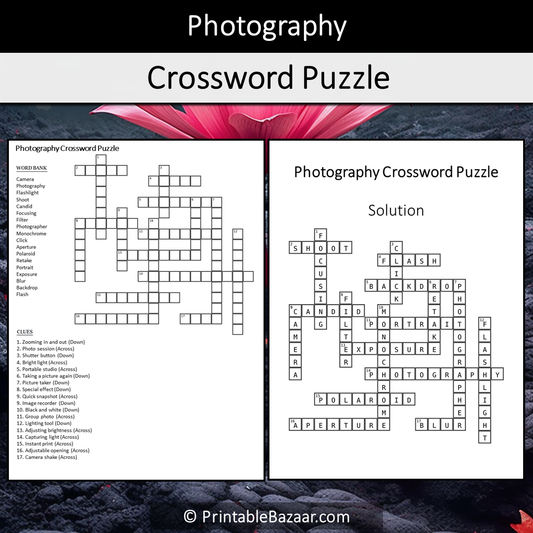 Photography Crossword Puzzle Worksheet Activity Printable PDF