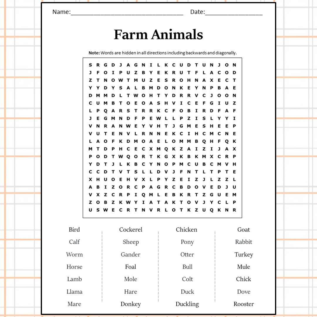 Farm Animals Word Search Puzzle Worksheet Activity PDF