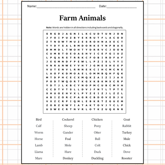 Farm Animals Word Search Puzzle Worksheet Activity PDF