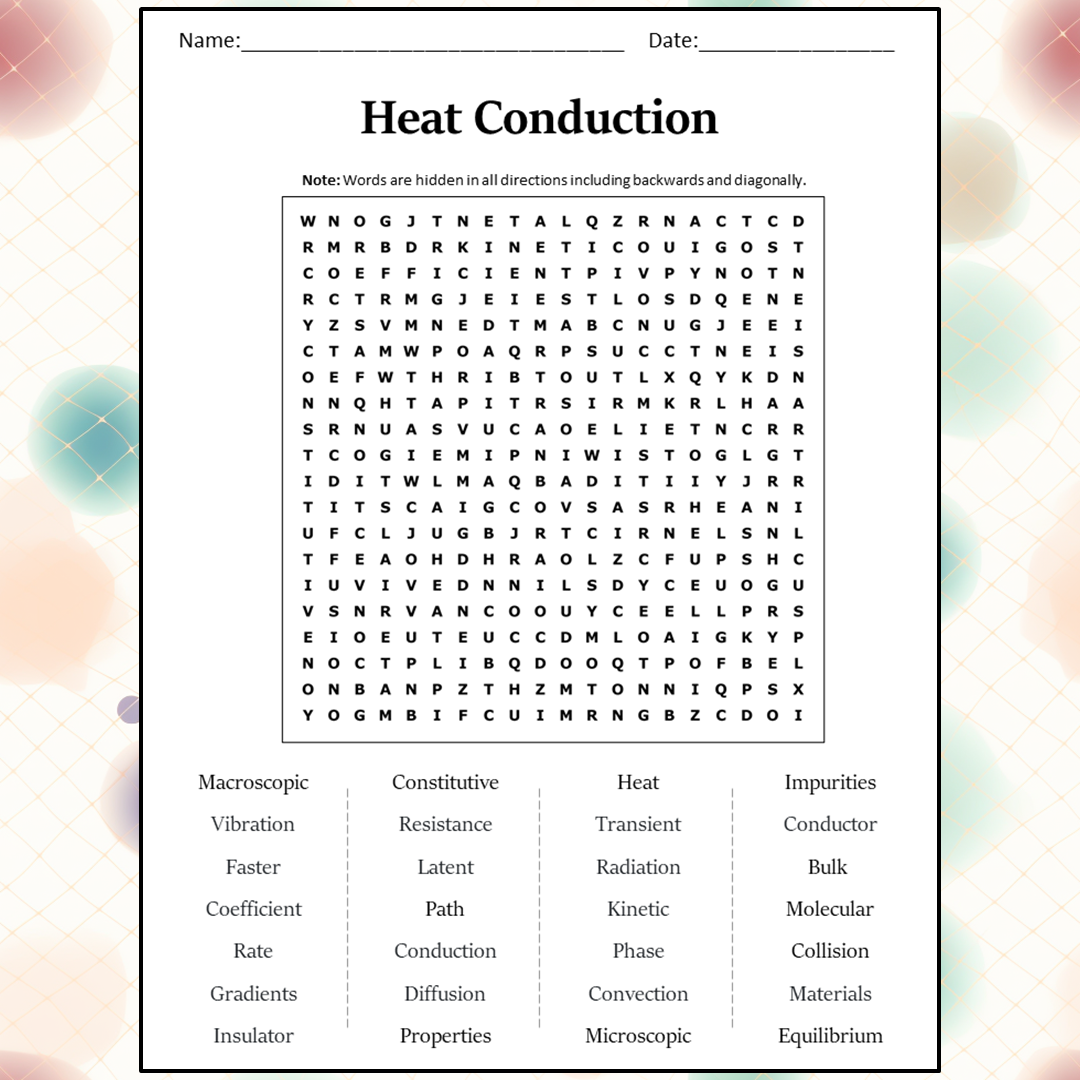 Heat Conduction Word Search Puzzle Worksheet Activity PDF