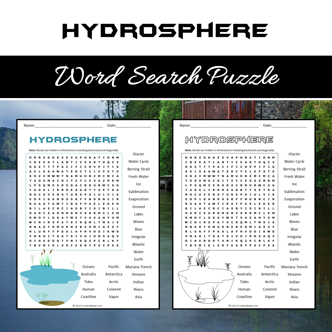 Hydrosphere Word Search Puzzle Worksheet PDF
