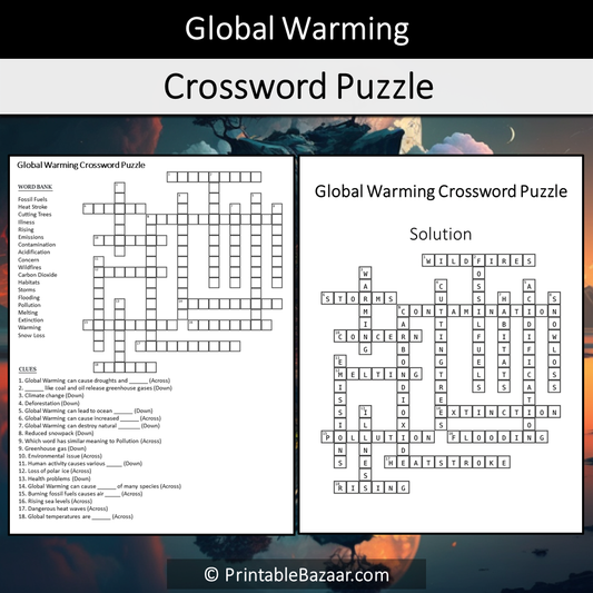 Global Warming Crossword Puzzle Worksheet Activity Printable PDF