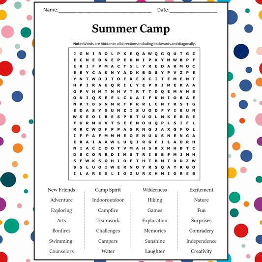 Summer Camp Word Search Puzzle Worksheet Activity PDF