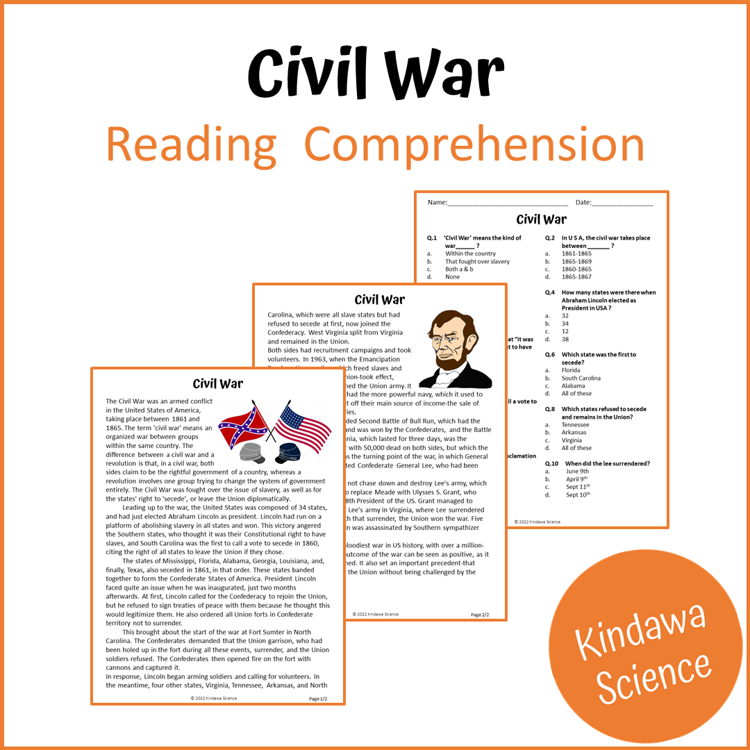 Civil War Reading Comprehension Passage and Questions | Printable PDF