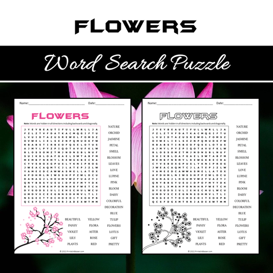 Flowers Word Search Puzzle Worksheet PDF