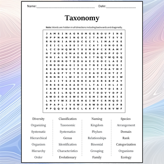 Taxonomy Word Search Puzzle Worksheet Activity PDF