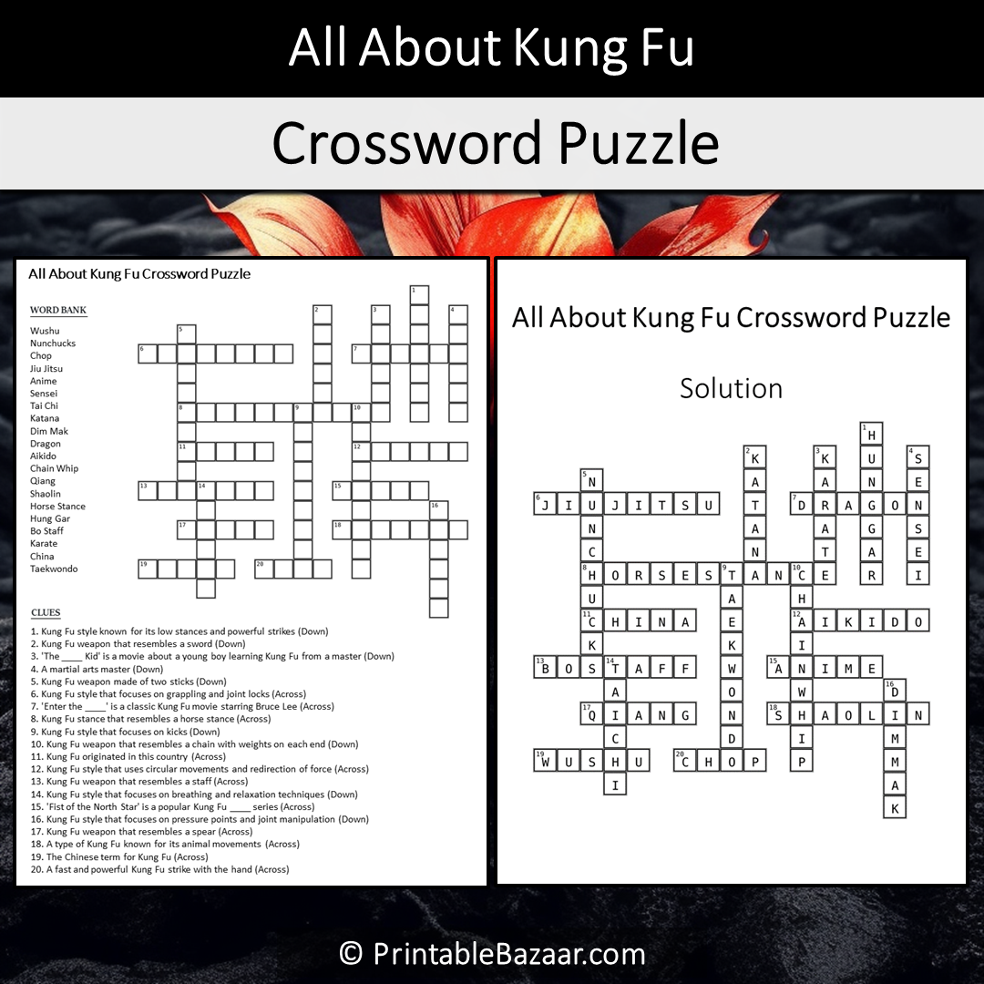 All About Kung Fu Crossword Puzzle Worksheet Activity Printable PDF