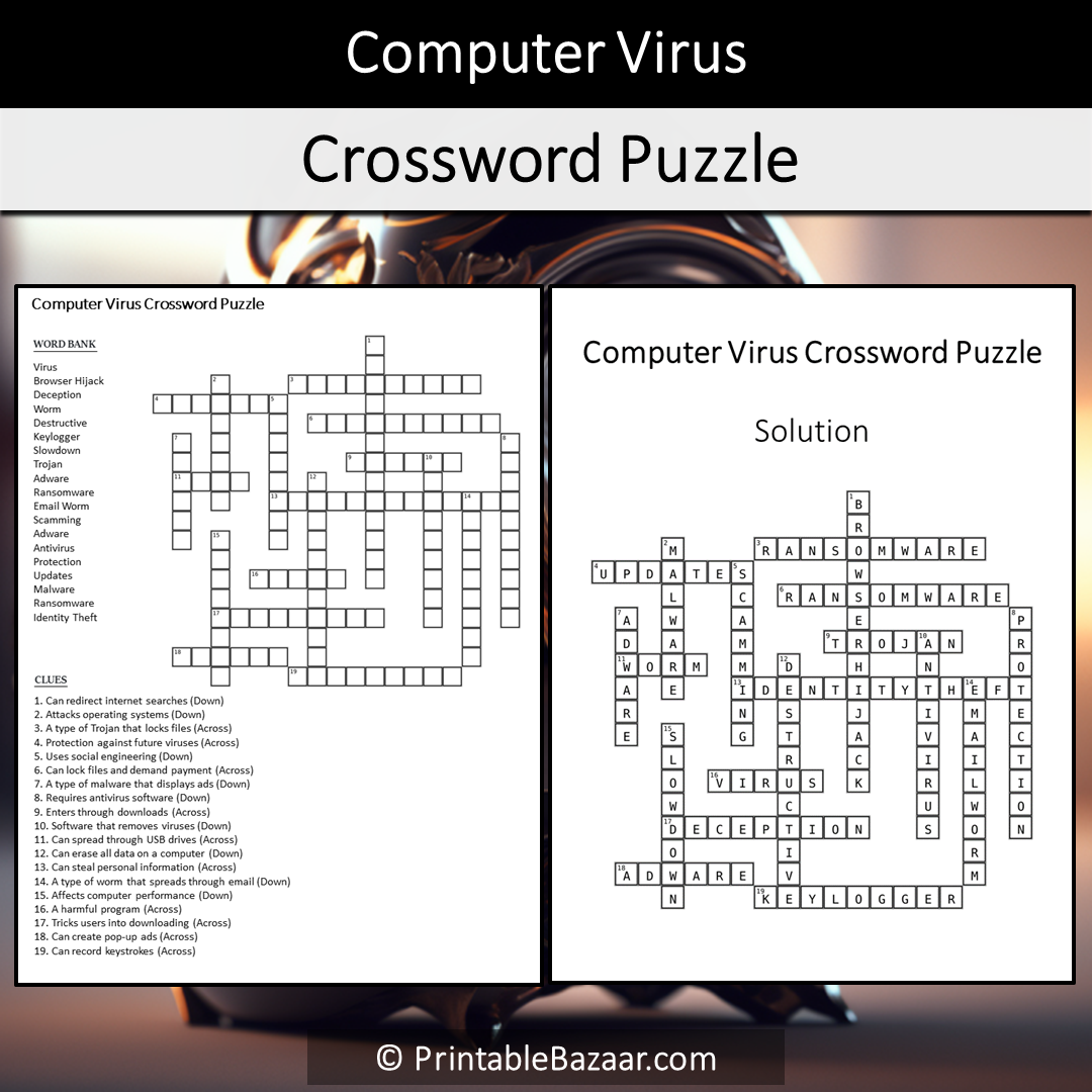 Computer Virus Crossword Puzzle Worksheet Activity Printable PDF