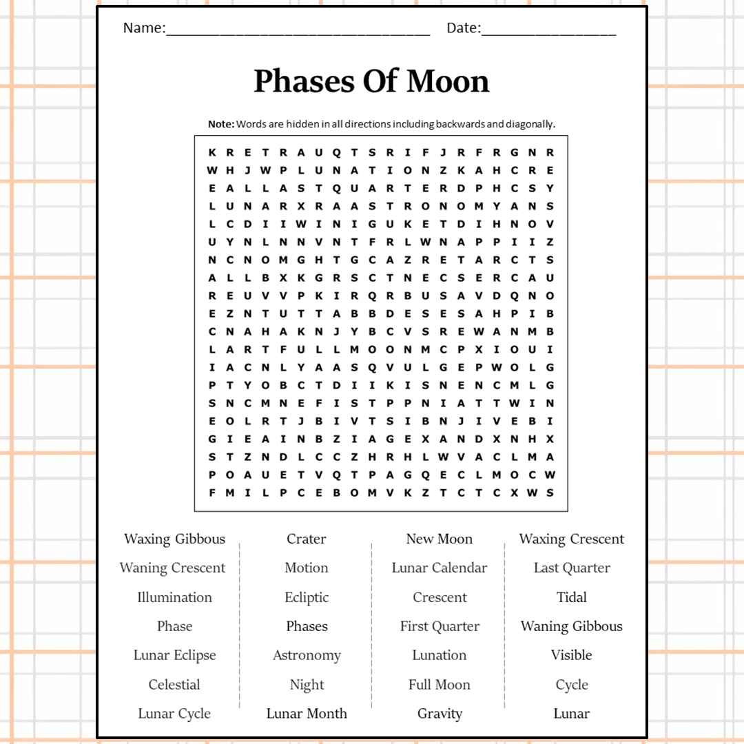 Phases Of Moon Word Search Puzzle Worksheet Activity PDF