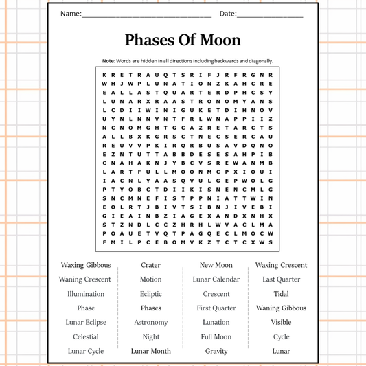 Phases Of Moon Word Search Puzzle Worksheet Activity PDF