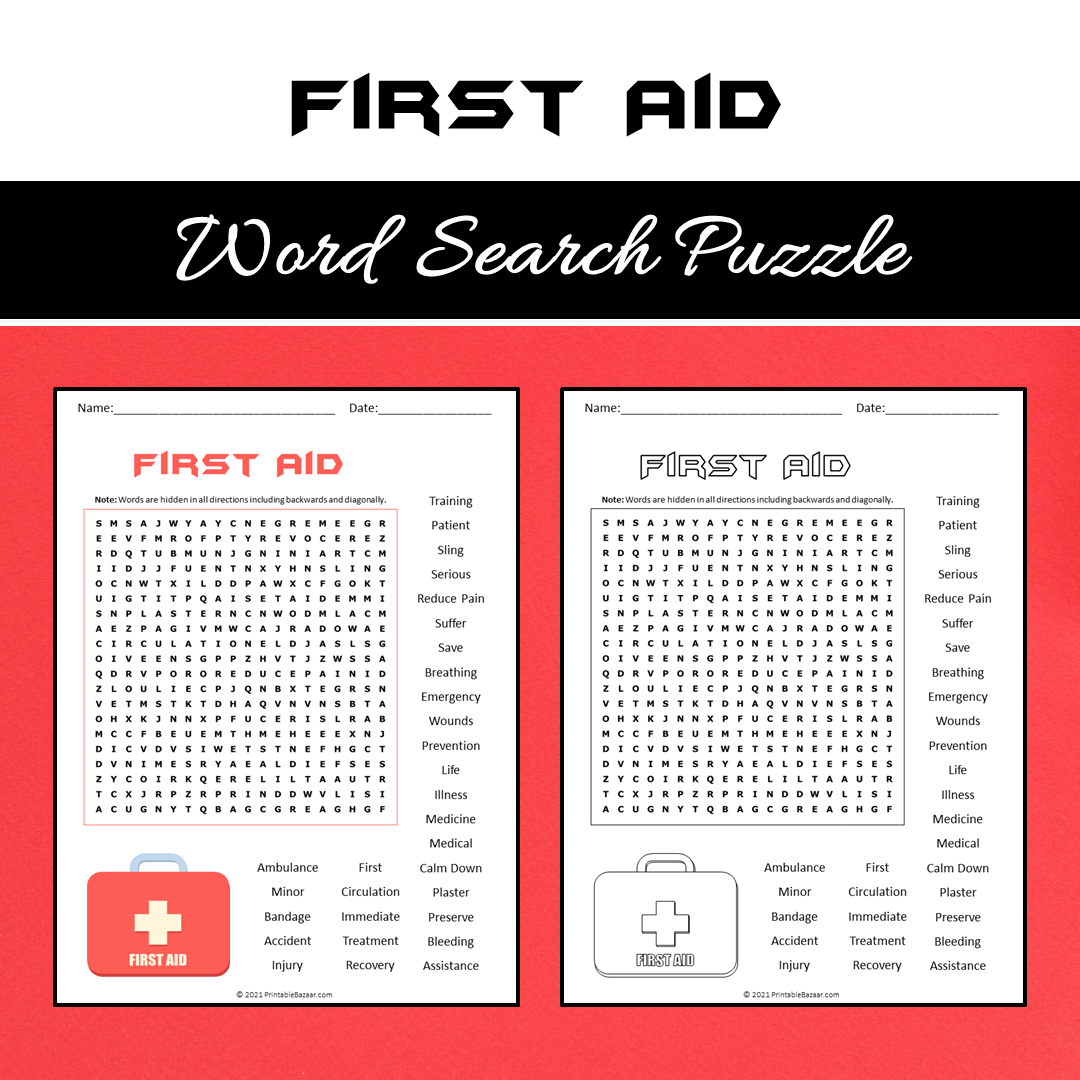 First Aid Word Search Puzzle Worksheet PDF
