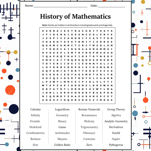 History Of Mathematics Word Search Puzzle Worksheet Activity PDF