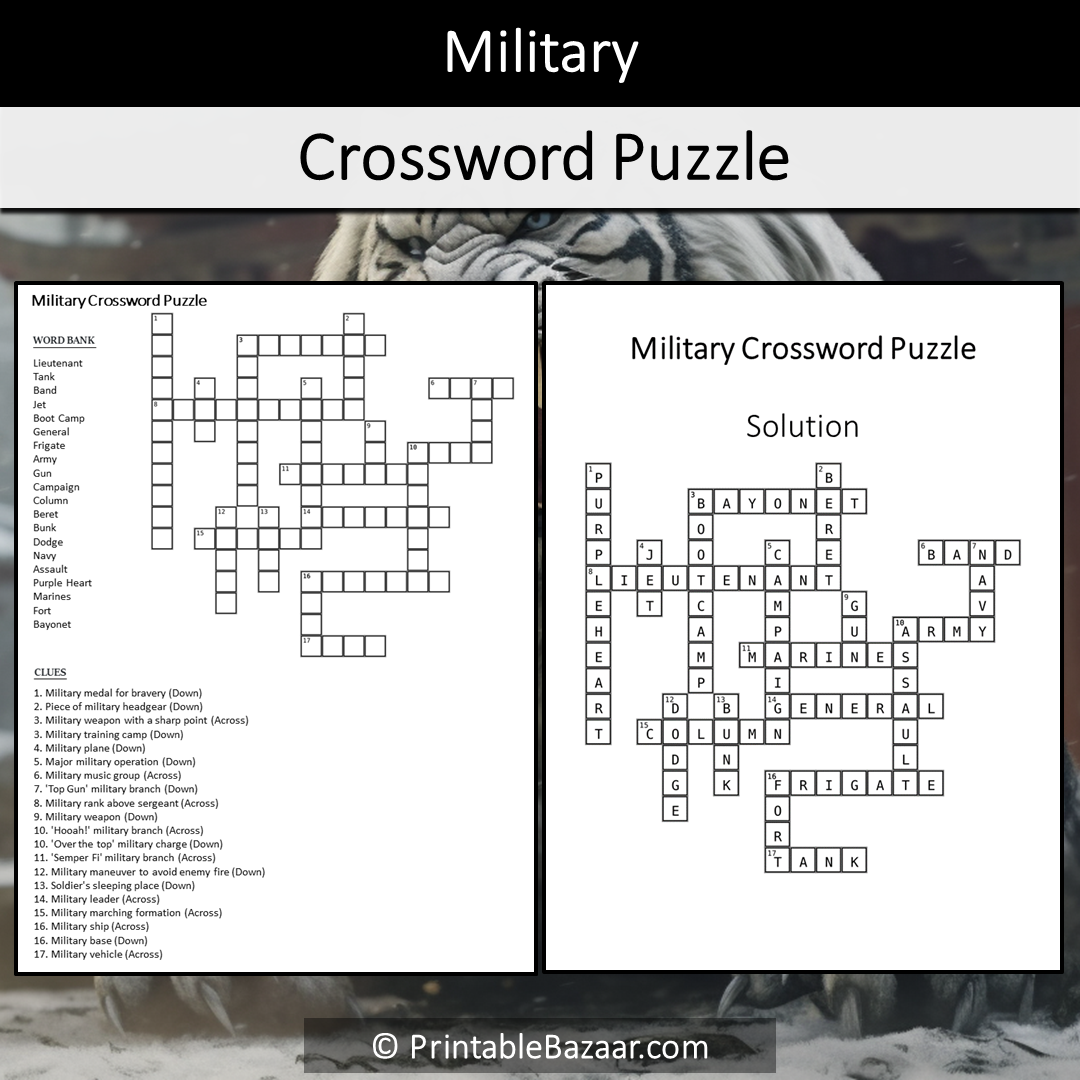 Military Crossword Puzzle Worksheet Activity Printable PDF