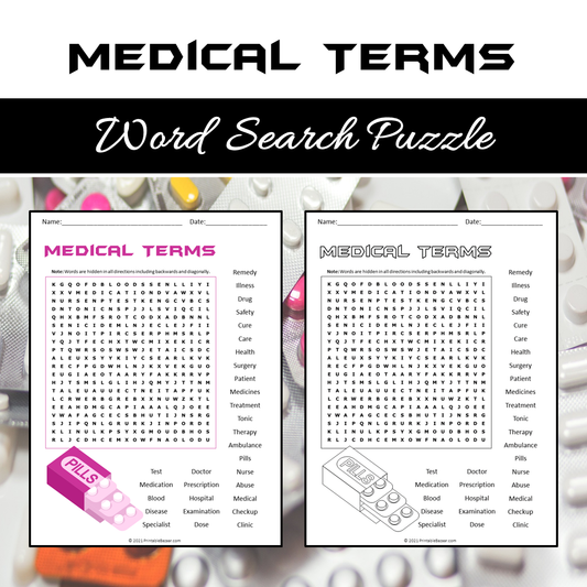 Medical Terms Word Search Puzzle Worksheet PDF