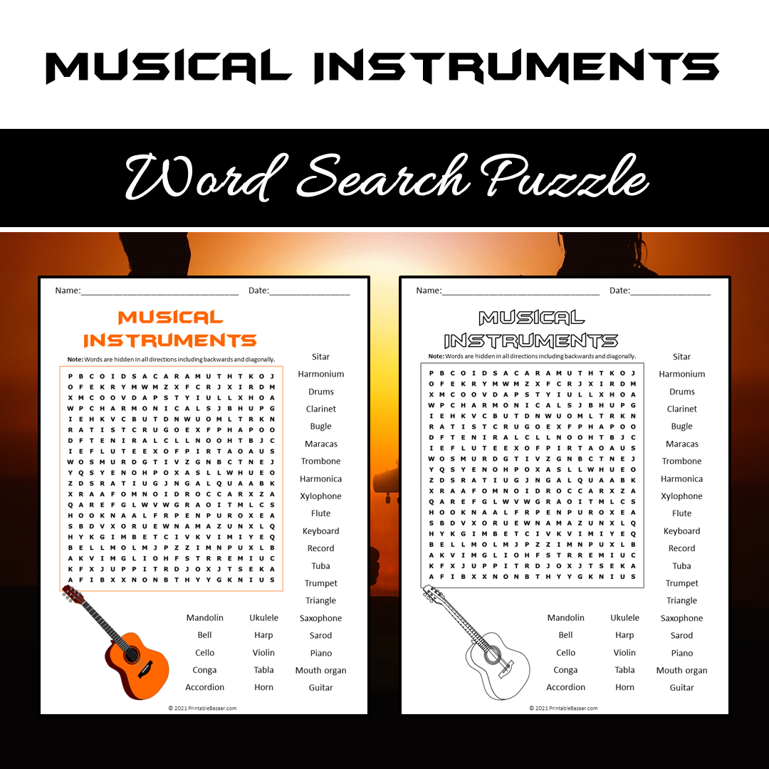 Musical Instruments Word Search Puzzle Worksheet PDF