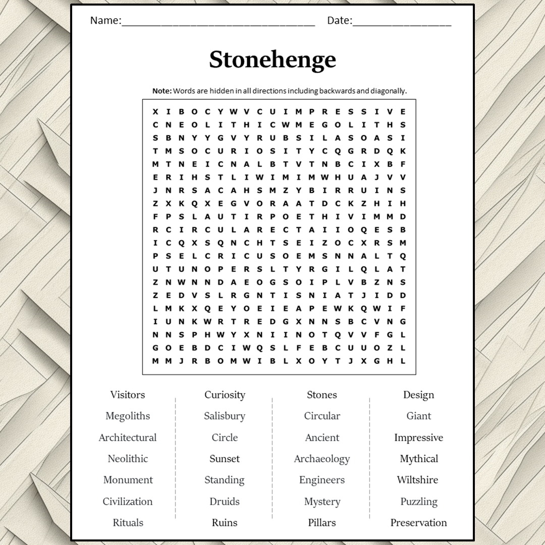 Stonehenge Word Search Puzzle Worksheet Activity PDF