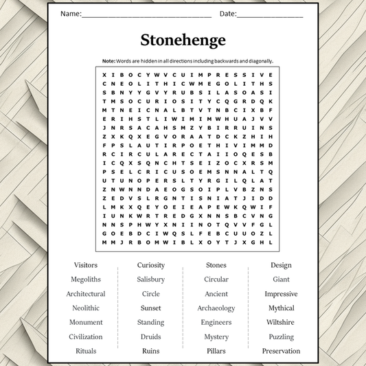 Stonehenge Word Search Puzzle Worksheet Activity PDF