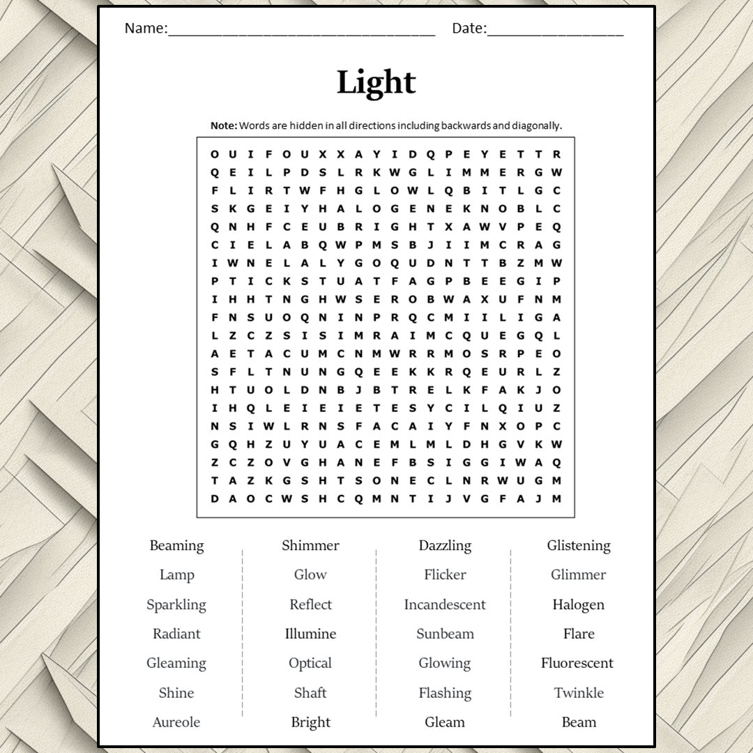 Light Word Search Puzzle Worksheet Activity PDF