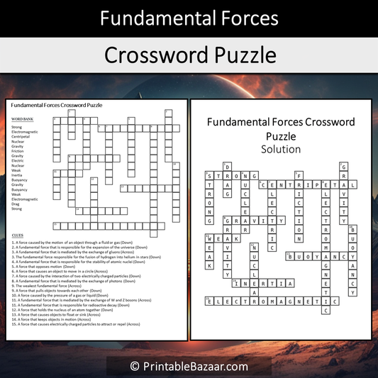 Fundamental Forces Crossword Puzzle Worksheet Activity Printable PDF