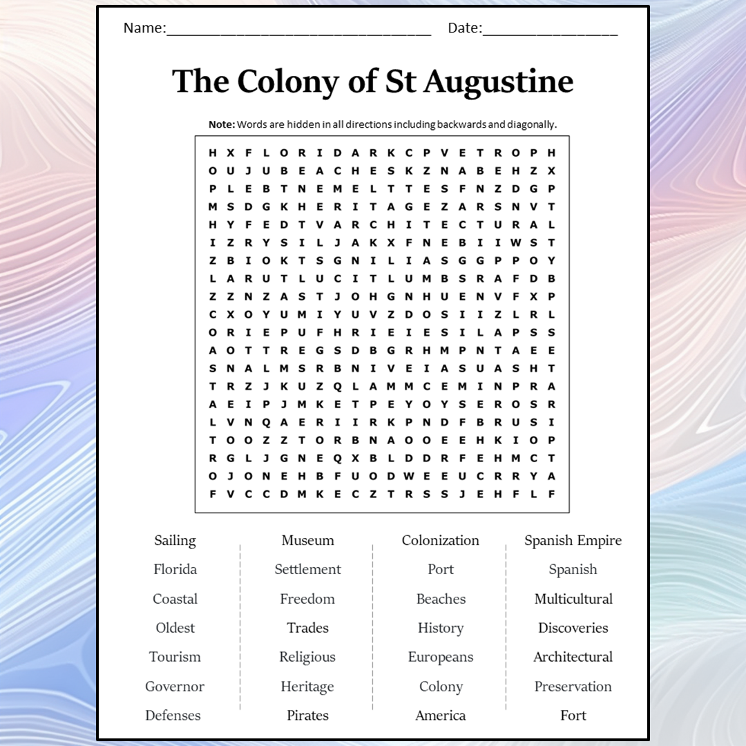 The Colony Of St Augustine Word Search Puzzle Worksheet Activity PDF