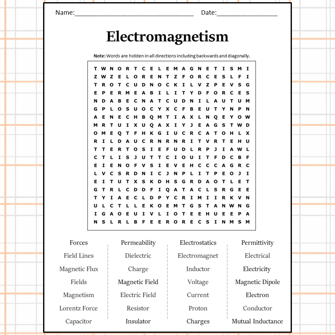 Electromagnetism Word Search Puzzle Worksheet Activity PDF