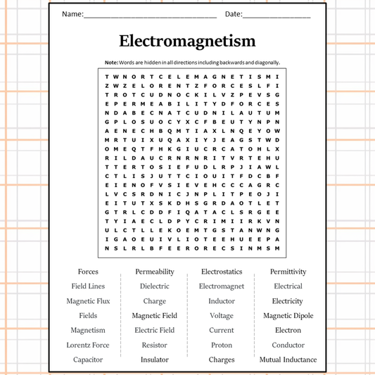 Electromagnetism Word Search Puzzle Worksheet Activity PDF