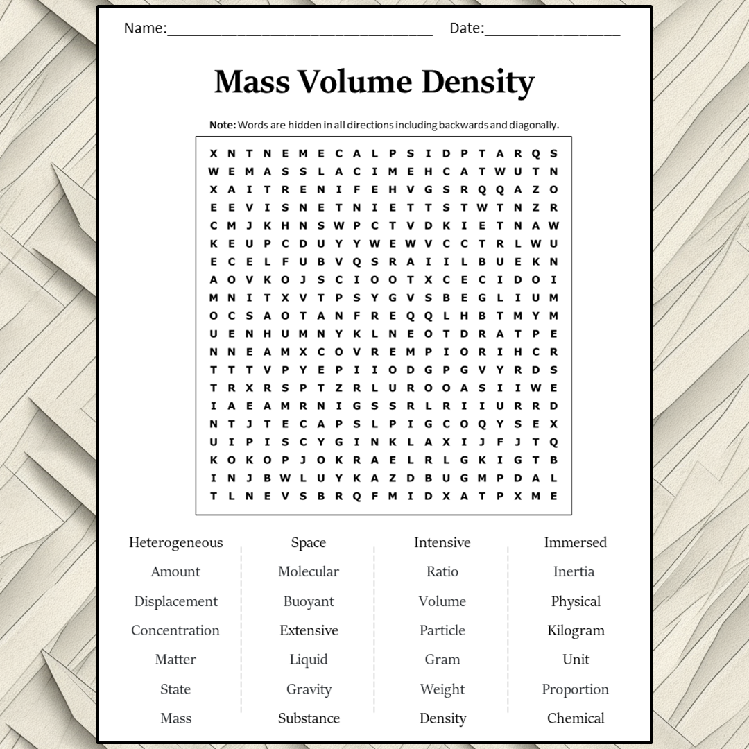 Mass Volume Density Word Search Puzzle Worksheet Activity PDF