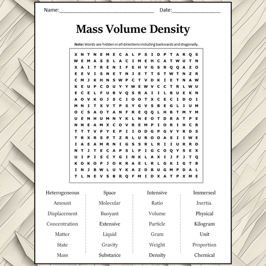 Mass Volume Density Word Search Puzzle Worksheet Activity PDF