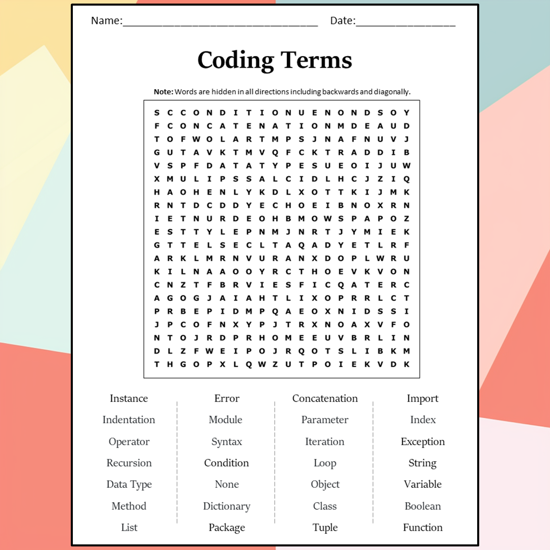 Coding Terms Word Search Puzzle Worksheet Activity PDF