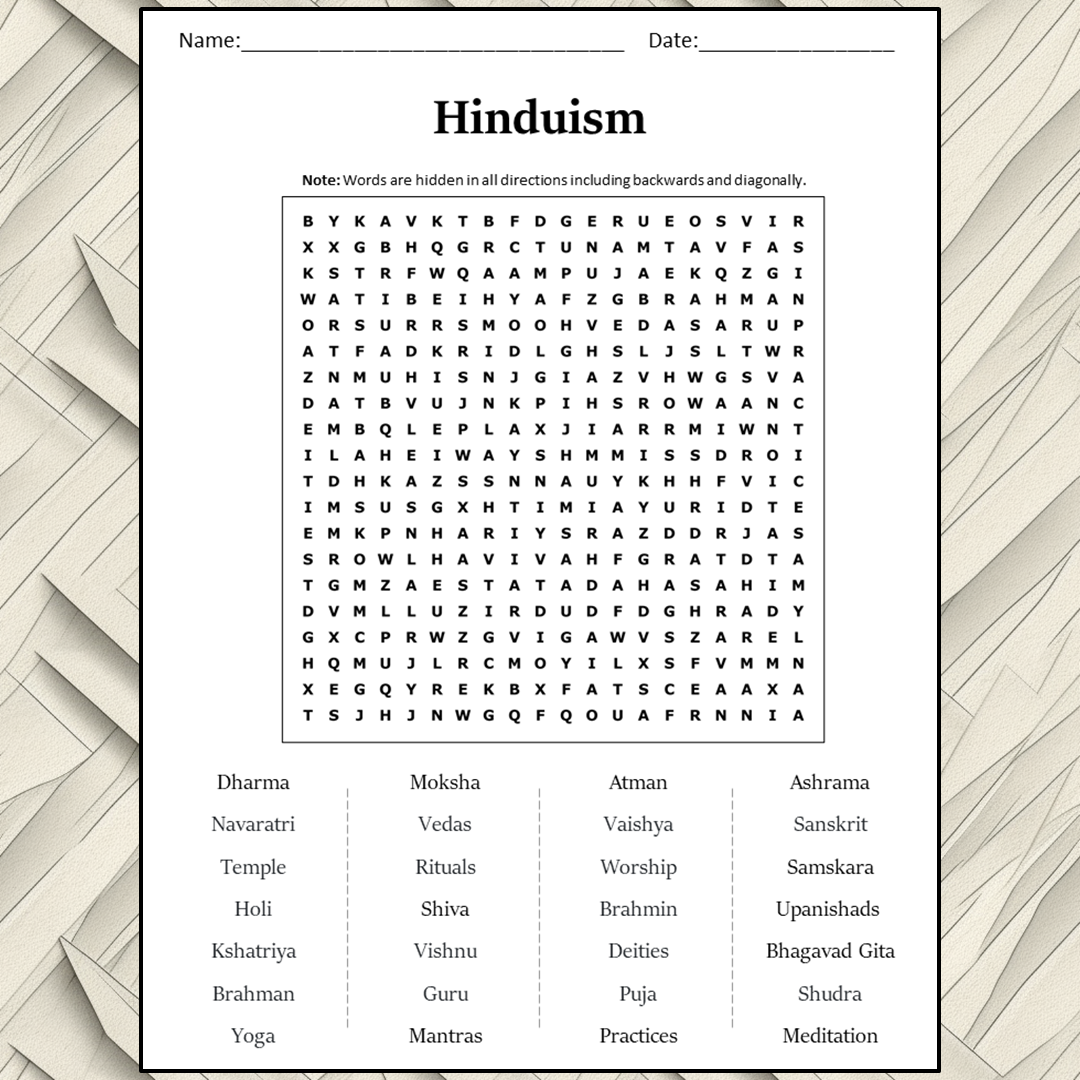 Hinduism Word Search Puzzle Worksheet Activity PDF PrintableBazaar
