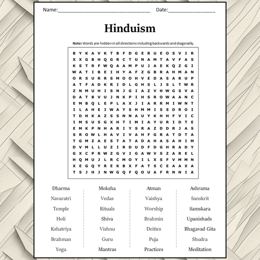 Hinduism Word Search Puzzle Worksheet Activity PDF