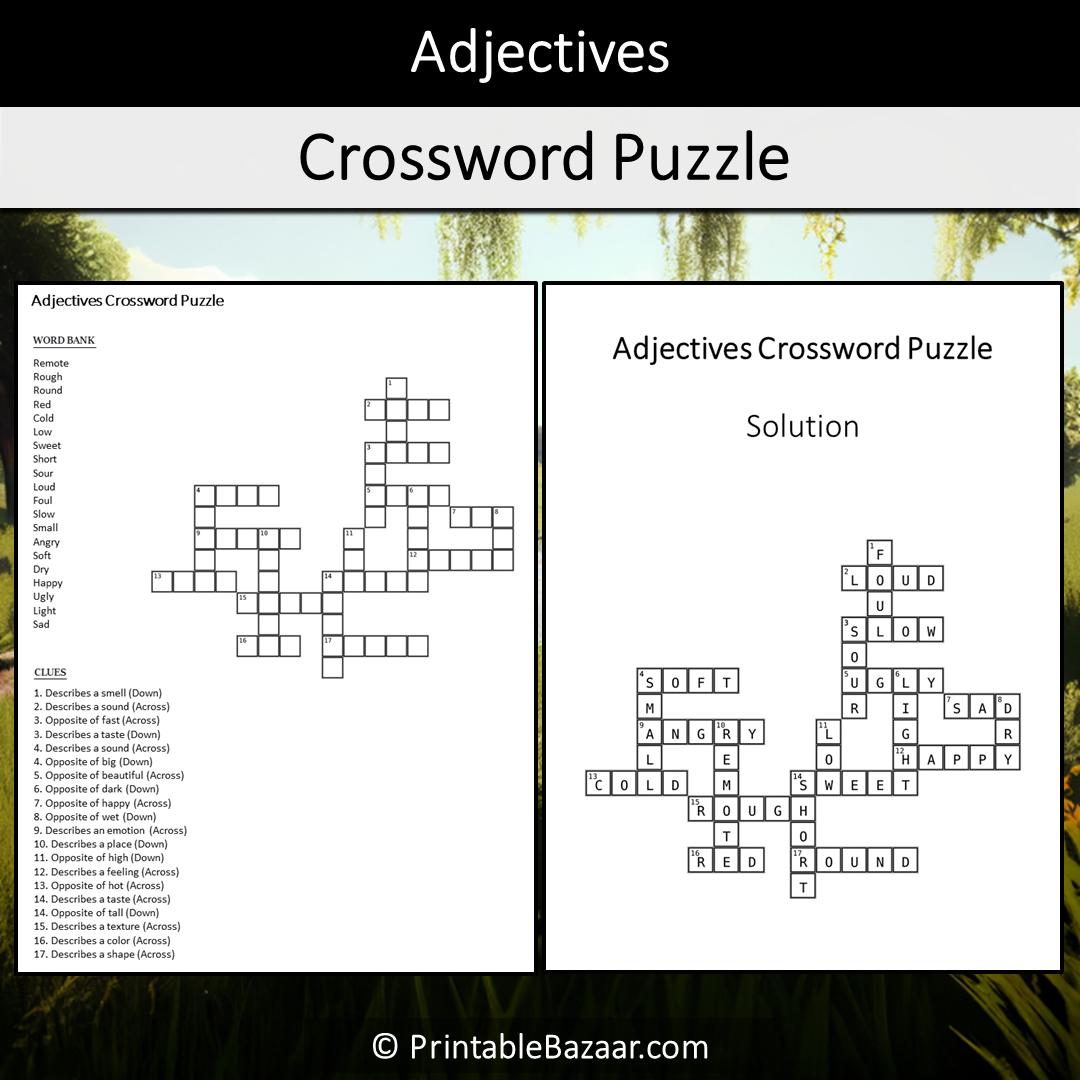 Adjectives Crossword Puzzle Worksheet Activity Printable PDF