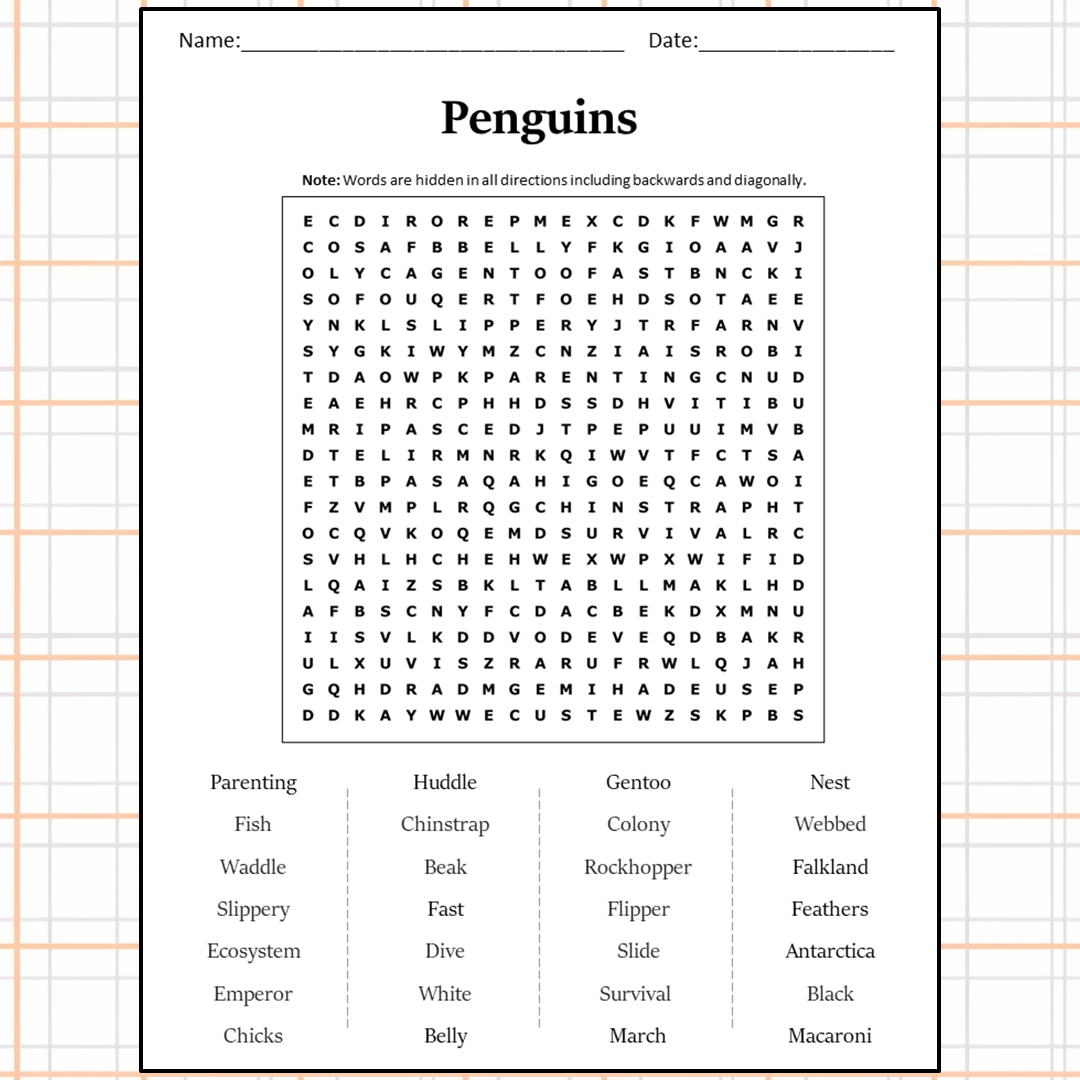 Penguins Word Search Puzzle Worksheet Activity PDF