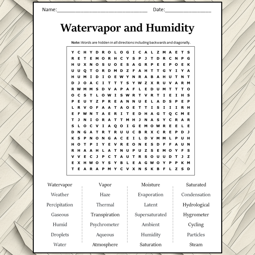 Watervapor And Humidity Word Search Puzzle Worksheet Activity PDF