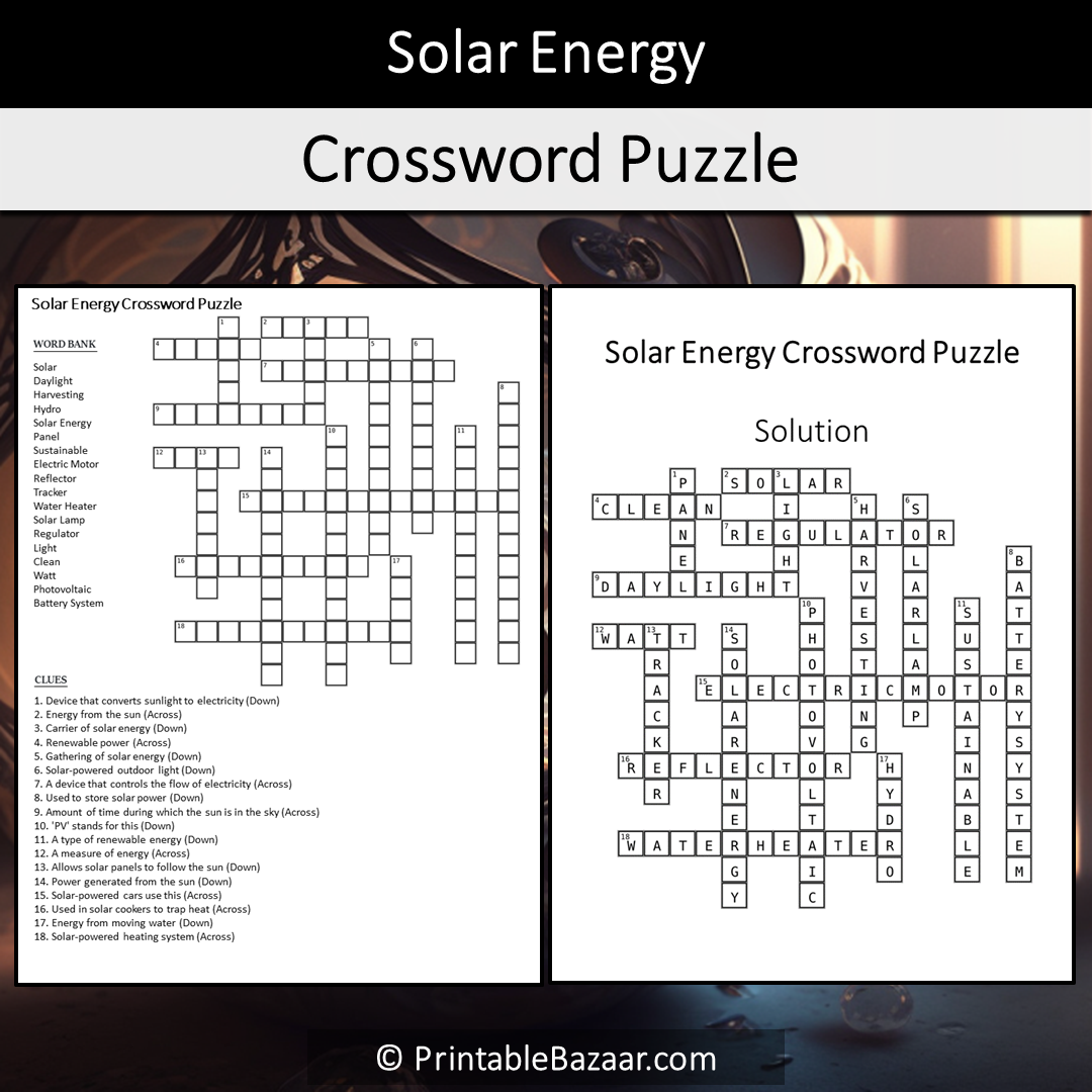 Solar Energy Crossword Puzzle Worksheet Activity Printable PDF