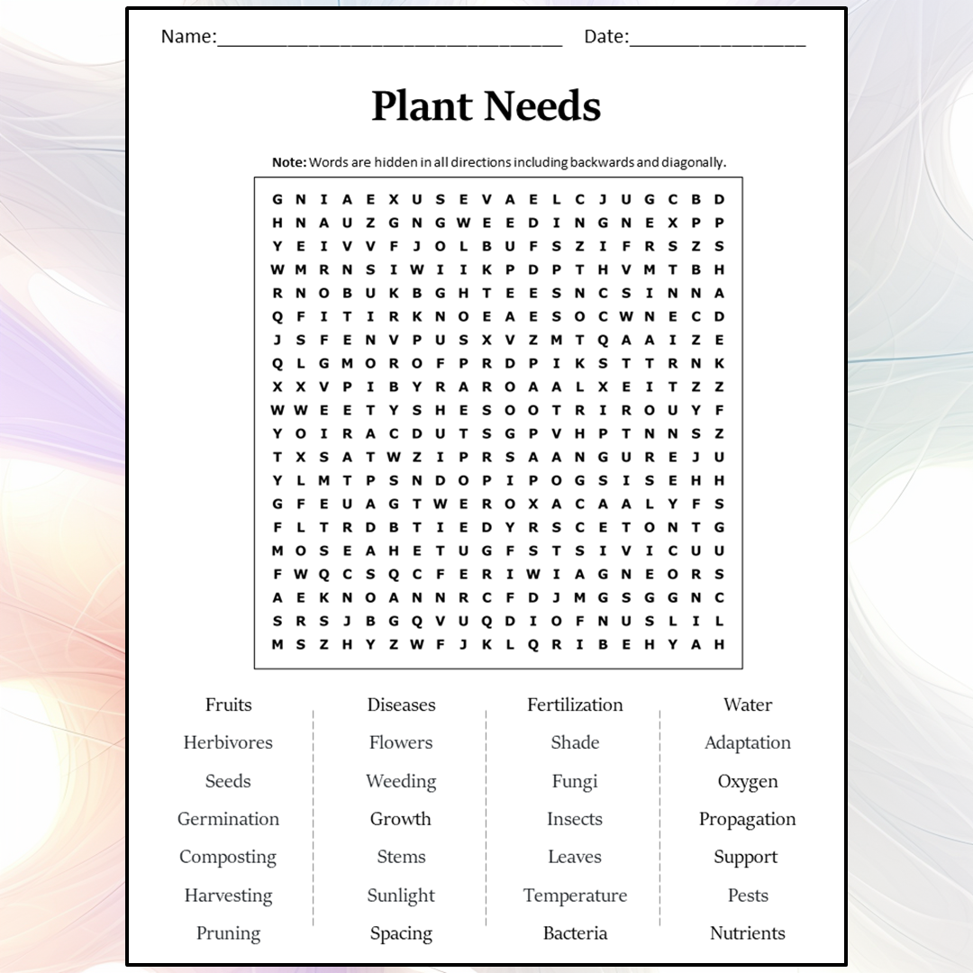 Plant Needs Word Search Puzzle Worksheet Activity PDF