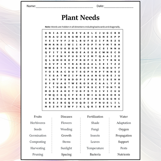 Plant Needs Word Search Puzzle Worksheet Activity PDF