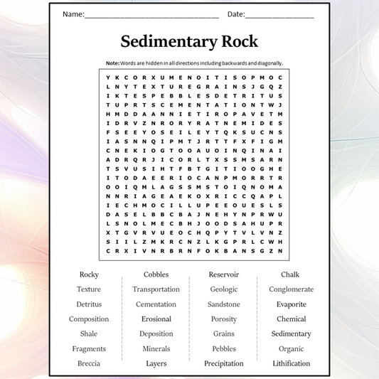 Sedimentary Rock Word Search Puzzle Worksheet Activity PDF