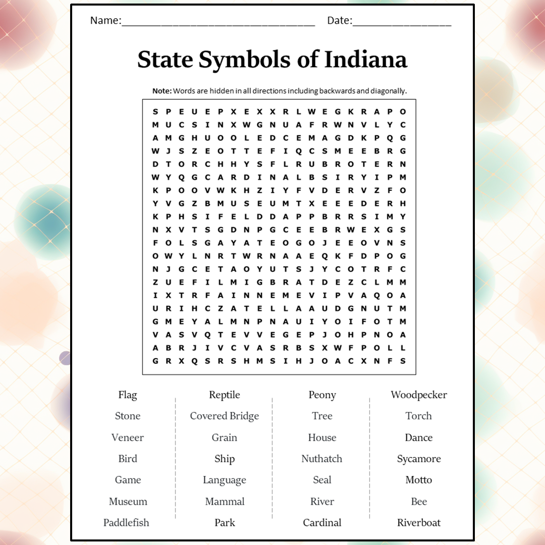 State Symbols Of Indiana Word Search Puzzle Worksheet Activity PDF