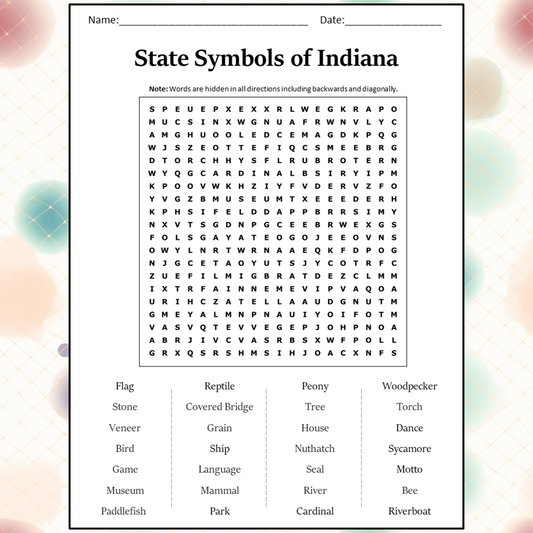 State Symbols Of Indiana Word Search Puzzle Worksheet Activity PDF