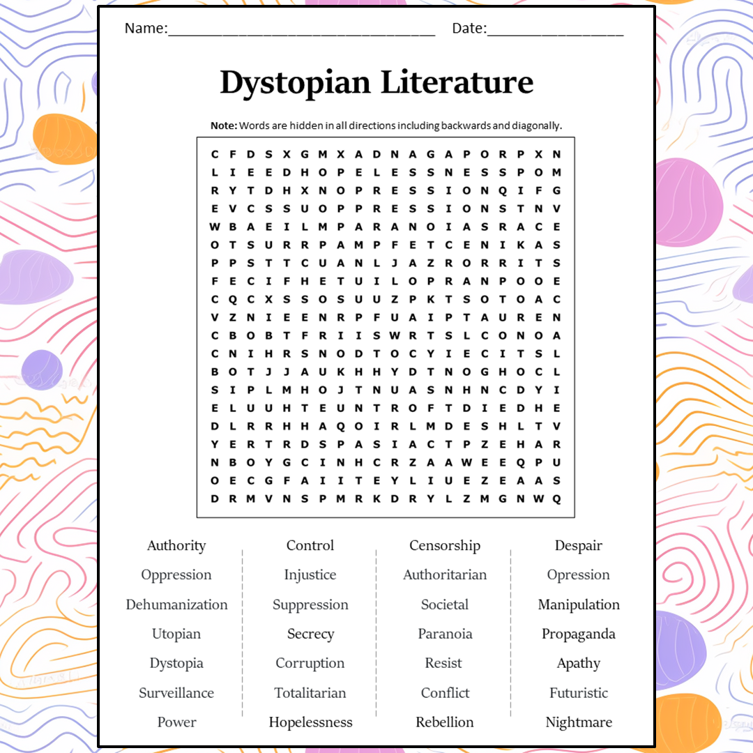 Dystopian Literature Word Search Puzzle Worksheet Activity PDF