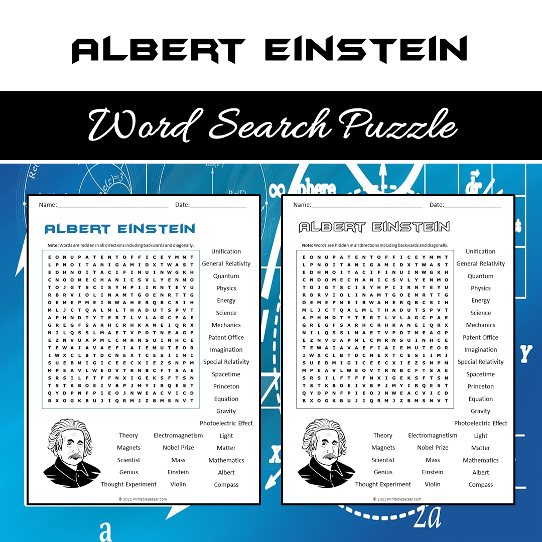 Albert Einstein Word Search Puzzle Worksheet PDF