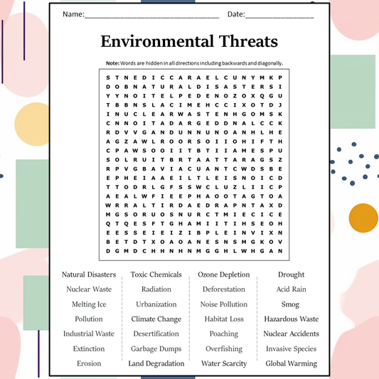 Environmental Threats Word Search Puzzle Worksheet Activity PDF