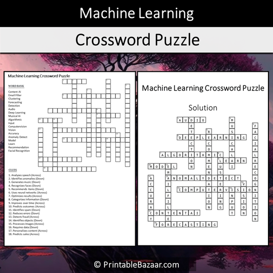 Machine Learning Crossword Puzzle Worksheet Activity Printable PDF