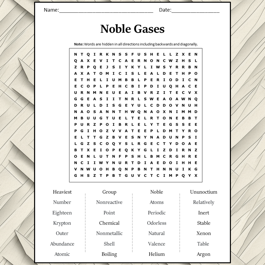 Noble Gases Word Search Puzzle Worksheet Activity PDF