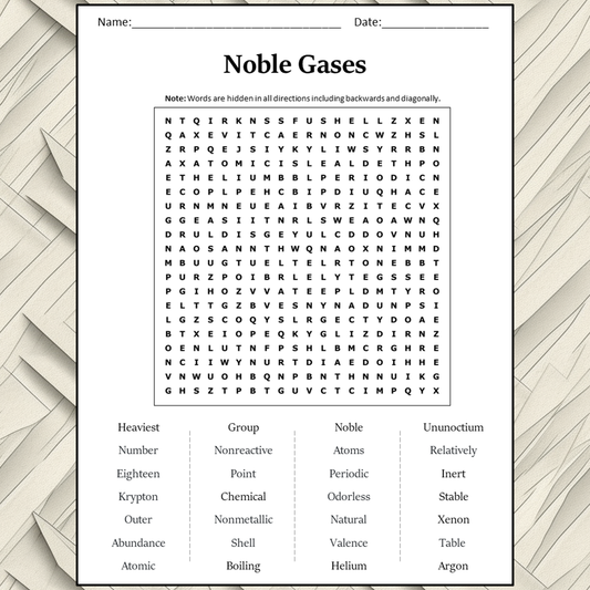 Noble Gases Word Search Puzzle Worksheet Activity PDF