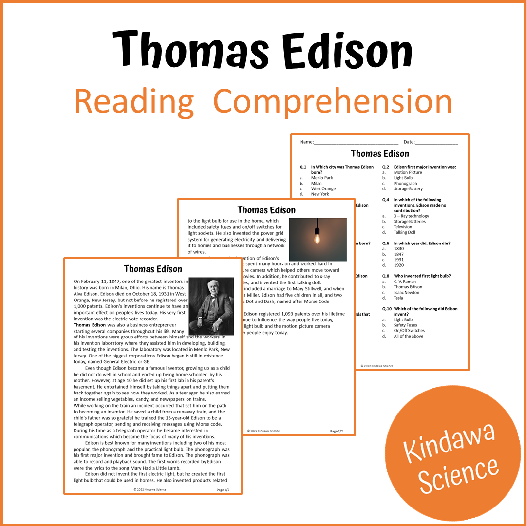 Thomas Edison Reading Comprehension Passage and Questions | Printable PDF