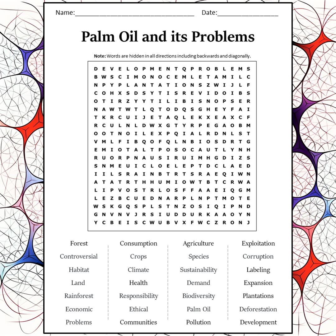 Palm Oil And Its Problems Word Search Puzzle Worksheet Activity PDF